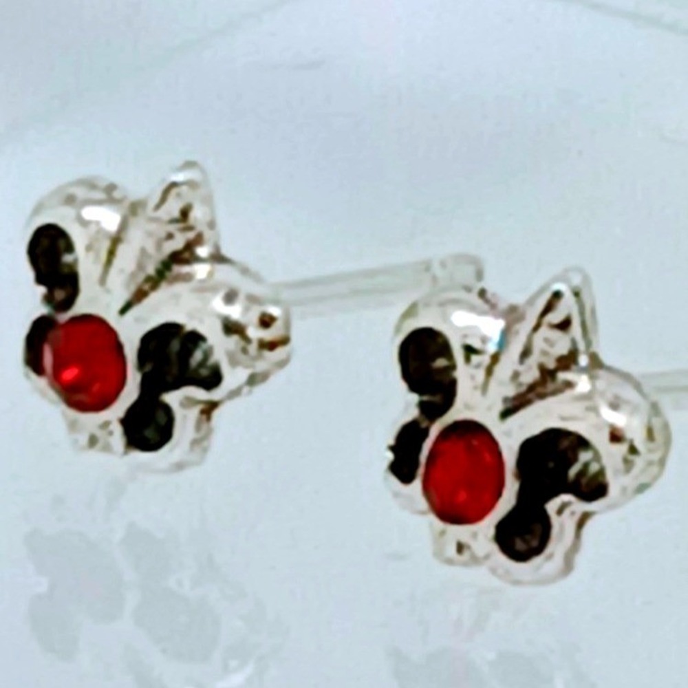 Sterling Silver 925 Fleur-de-lis Stud Earrings Red Crystal Vintage French Lily
